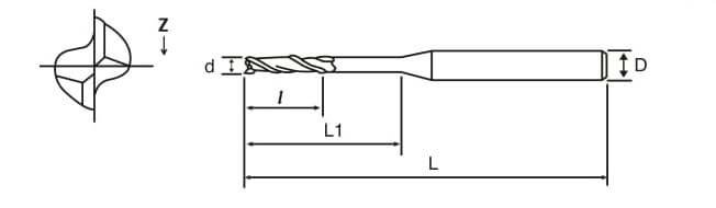 D0.5 x 0.75FL x 4EL x 50OAL x 4SHK x Z2 Rib Processing Square End Mill For Component HRC 55